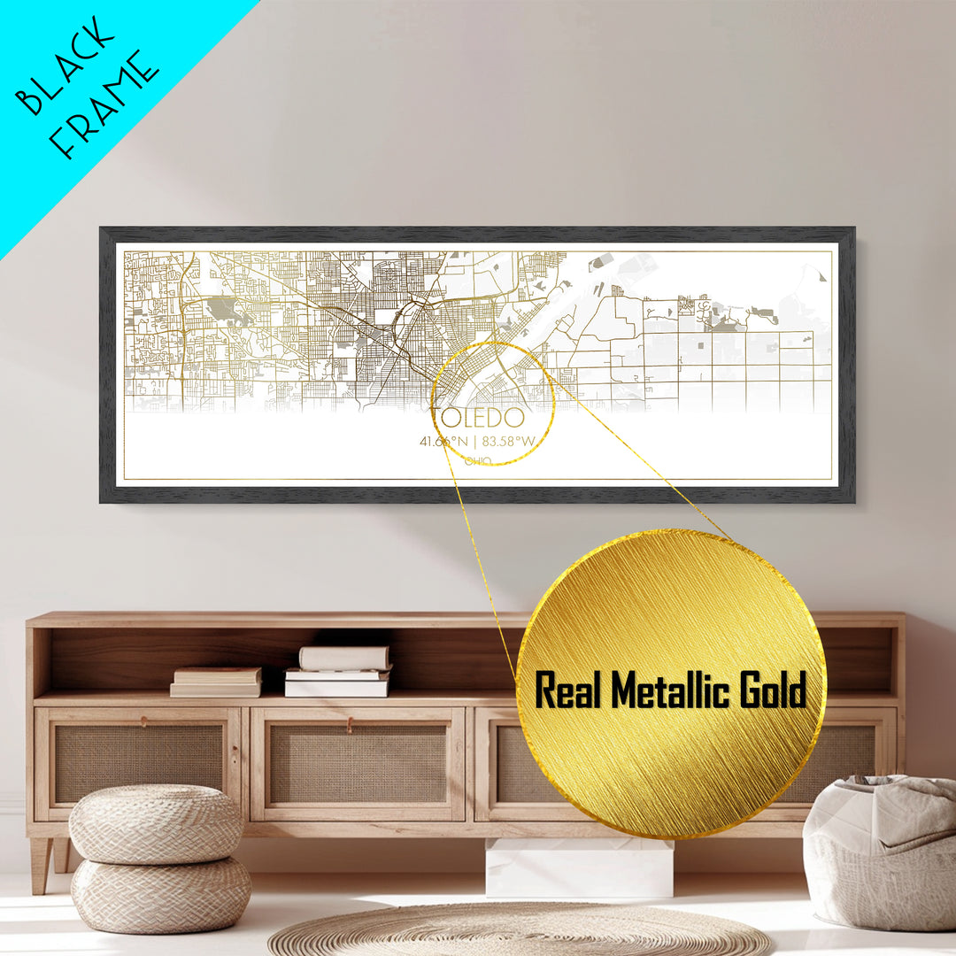 Toledo Ohio City Poster, Panoramic street map, black and gold, Metallic Gold Art, Metal Art, wood framed map, Modern Wall Art