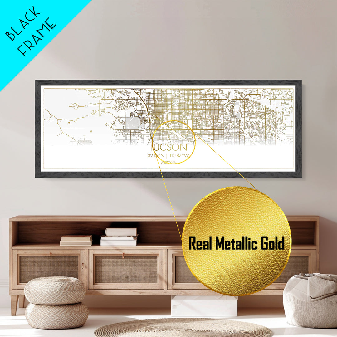 Tucson Arizona City street map, Panoramic art, black and gold, Metallic Gold Print, Metal Art, real wood frames, Housewarming Gift