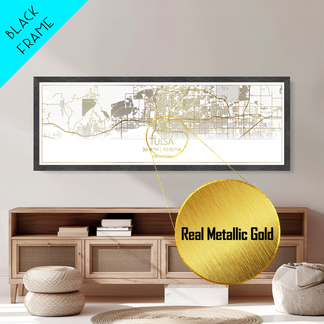 Tulsa Oklahoma City Poster, Panoramic street map, black and gold, Metallic Gold Art, Metal Art, wood framed map, Map Print Poster