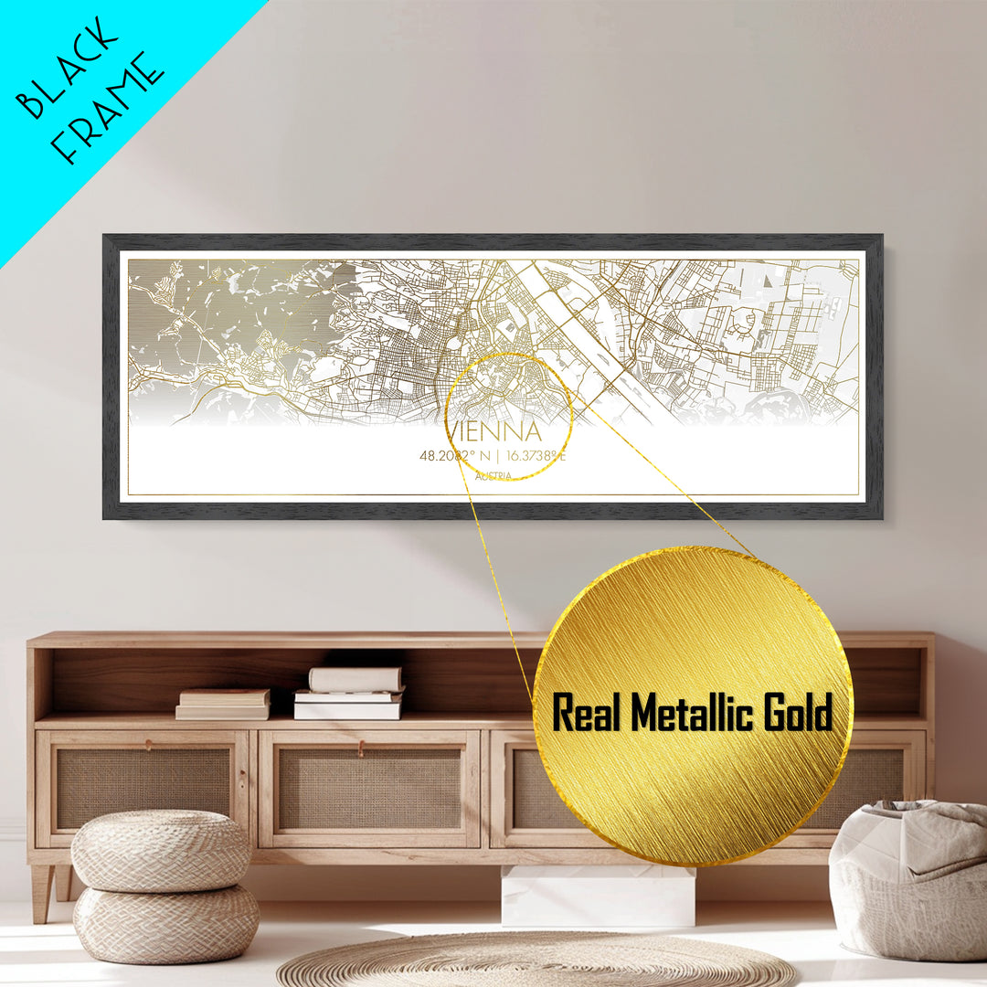 Vienna Austria City street map, Panoramic art, black and gold, Metallic Gold Print, Metal Art, real wood frames, Street Map Art, Wall Art