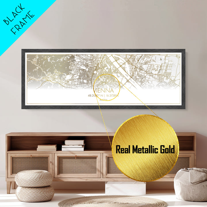 Vienna Austria City street map, Panoramic art, black and gold, Metallic Gold Print, Metal Art, real wood frames, Street Map Art, Wall Art