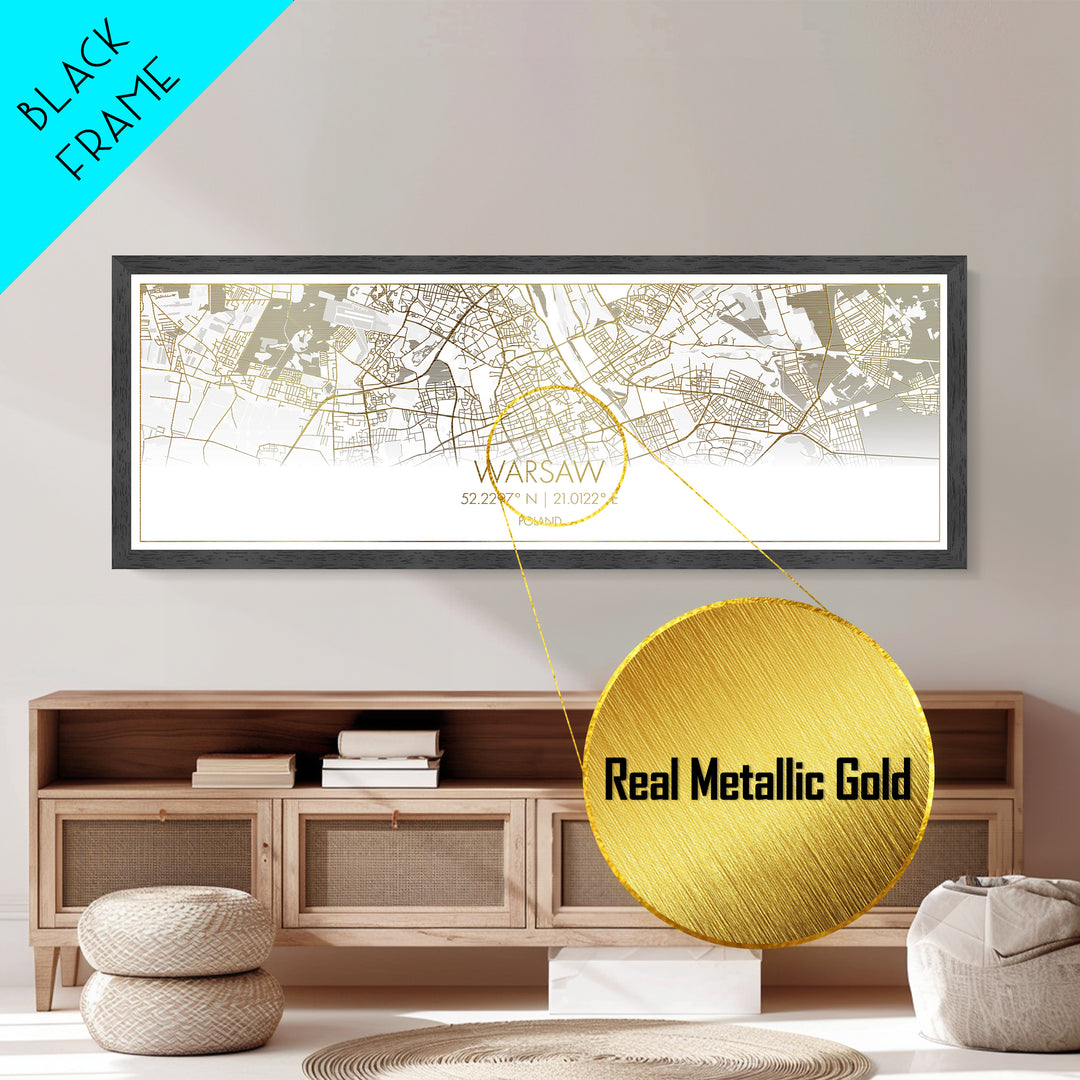 Warsaw Poland City street map, Panoramic art, black and gold, Metallic Gold Print, Metal Art, real wood frames, College Dorm Décor