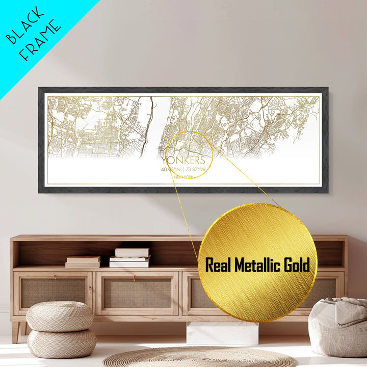 Yonkers New York City street map, Panoramic art, black and gold, Metallic Gold Print, Metal Art, real wood frames, Modern House Art