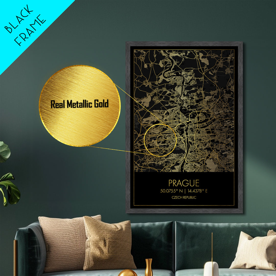 Prague Czech Republic City street map, Metallic Gold Print, Metal Art, wood framed map, black and gold, Street Map Wall Art, Modern Wall Art
