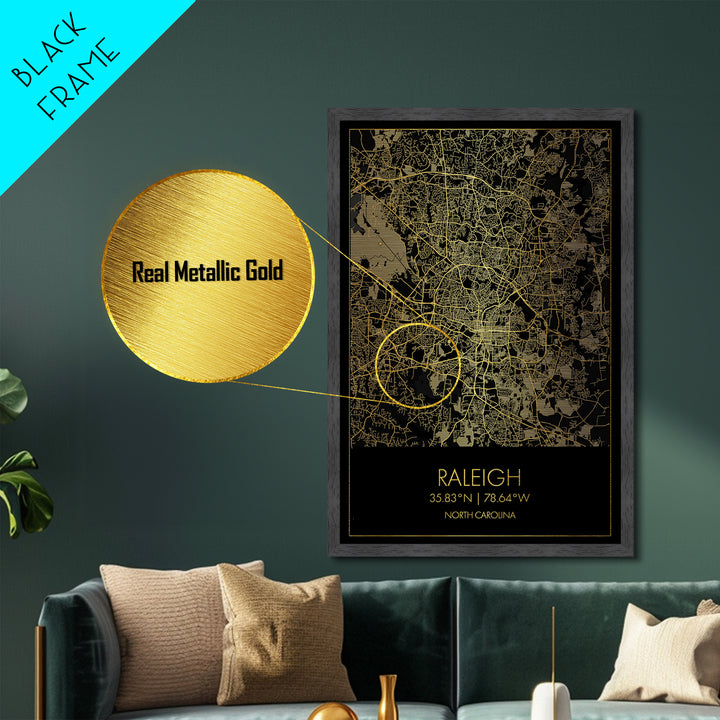 Raleigh North Carolina City street map, Metallic Gold Print, Metal Art, wood framed map, black and gold, Map Art, Office Decor