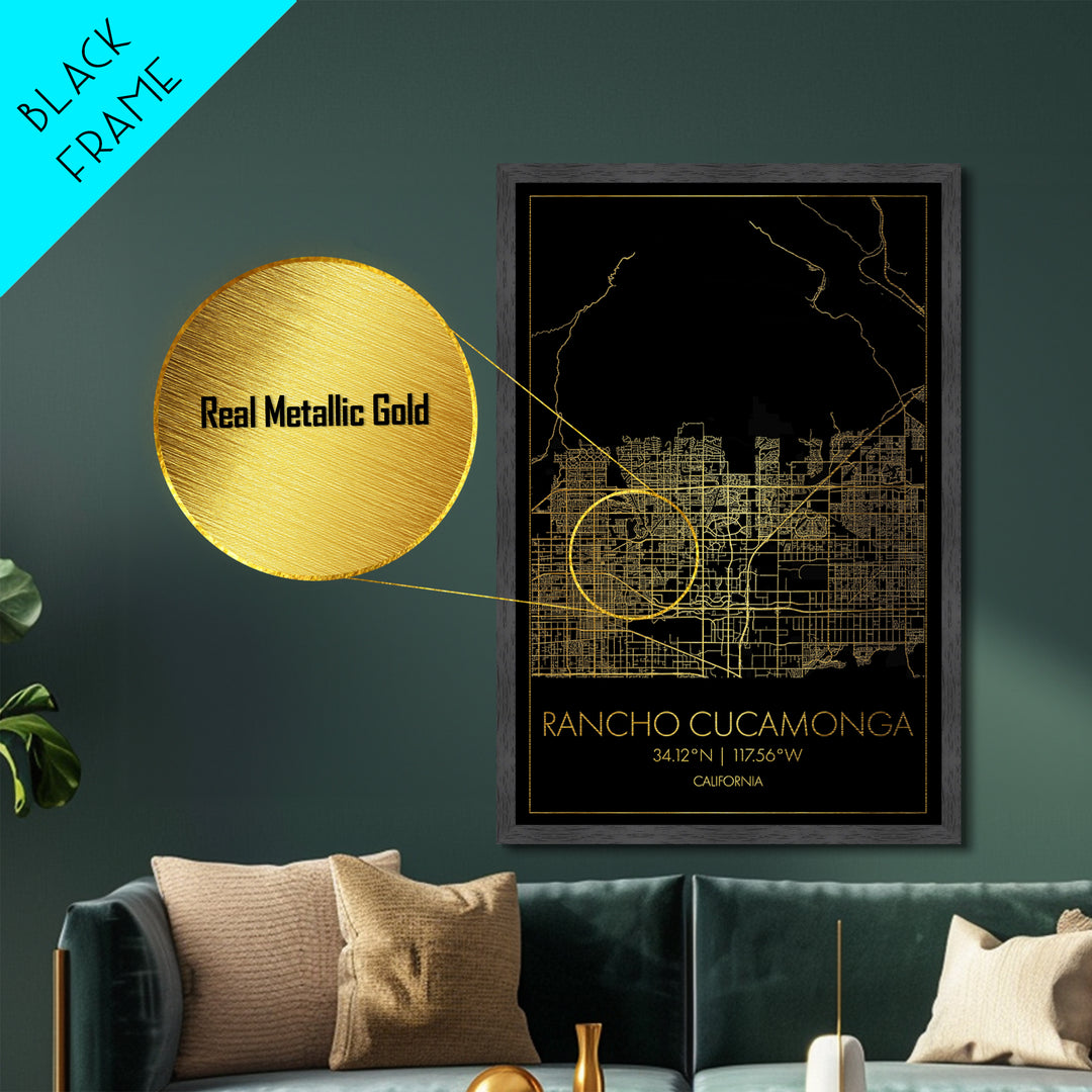 Rancho Cucamonga California City Poster, Metallic Gold Art, Metal Art, real wood frames, black and gold, Minimalist Wall Art, Street Map Art