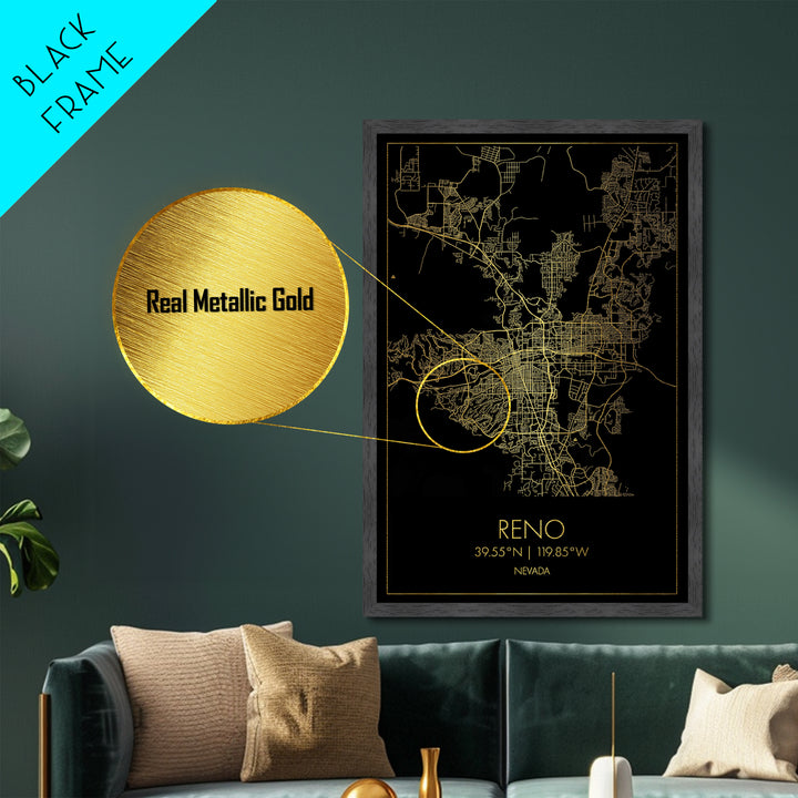 Reno Nevada City street map, Metallic Gold Print, Metal Art, wood framed map, black and gold, Street Map Wall Art, Closing Gift