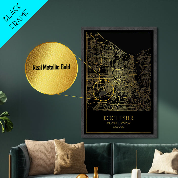 Rochester New York City street map, Metallic Gold Print, Metal Art, wood framed map, black and gold, Map Art, Closing Gift