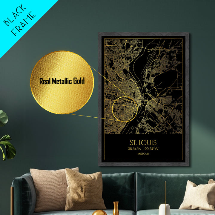 St. Louis Missouri City Poster, Metallic Gold Art, Metal Art, real wood frames, black and gold, Street Map Art, Modern House Art