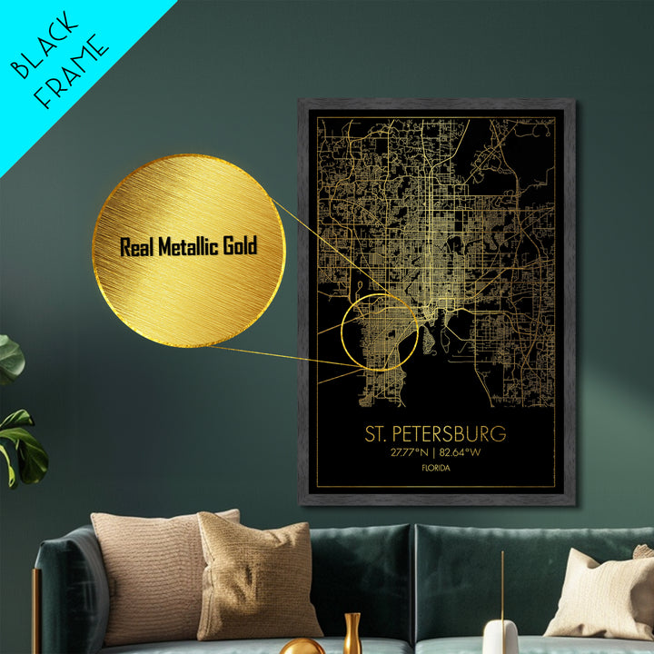 St. Petersburg Florida City Poster, Metallic Gold Art, Metal Art, real wood frames, black and gold, Map Art, Best Friend Gifts