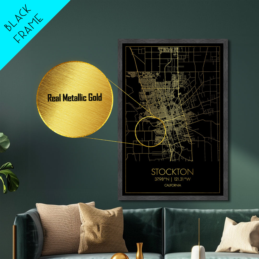 Stockton California City street map, Metallic Gold Print, Metal Art, wood framed map, black and gold, Street Map Art, Office Decor