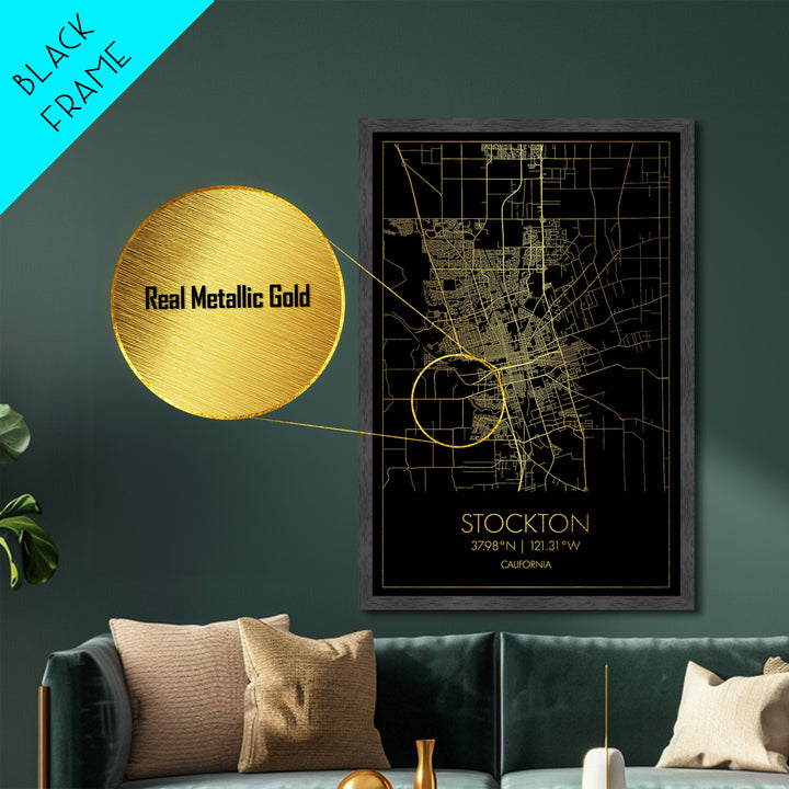 Stockton California City street map, Metallic Gold Print, Metal Art, wood framed map, black and gold, Street Map Art, Office Decor