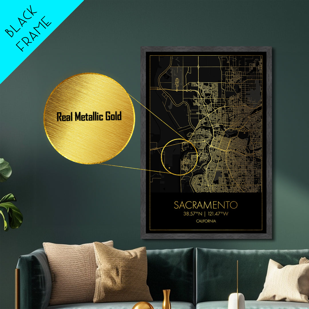 Sacramento California City street map, Metallic Gold Print, Metal Art, wood framed map, black and gold, Gold Street Map Art, Modern Wall Art