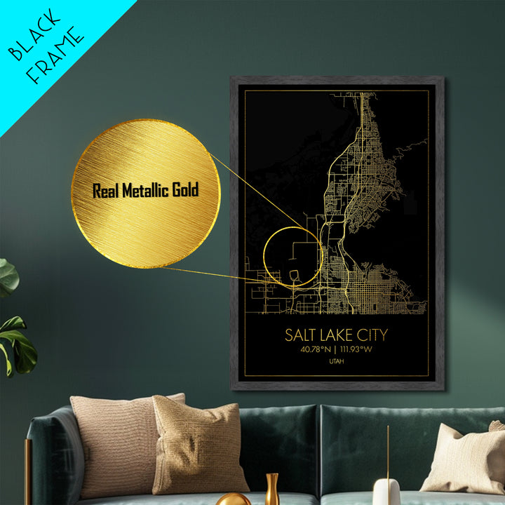 Salt Lake City Utah City Poster, Metallic Gold Art, Metal Art, real wood frames, black and gold, Map Art, Best Friend Gifts