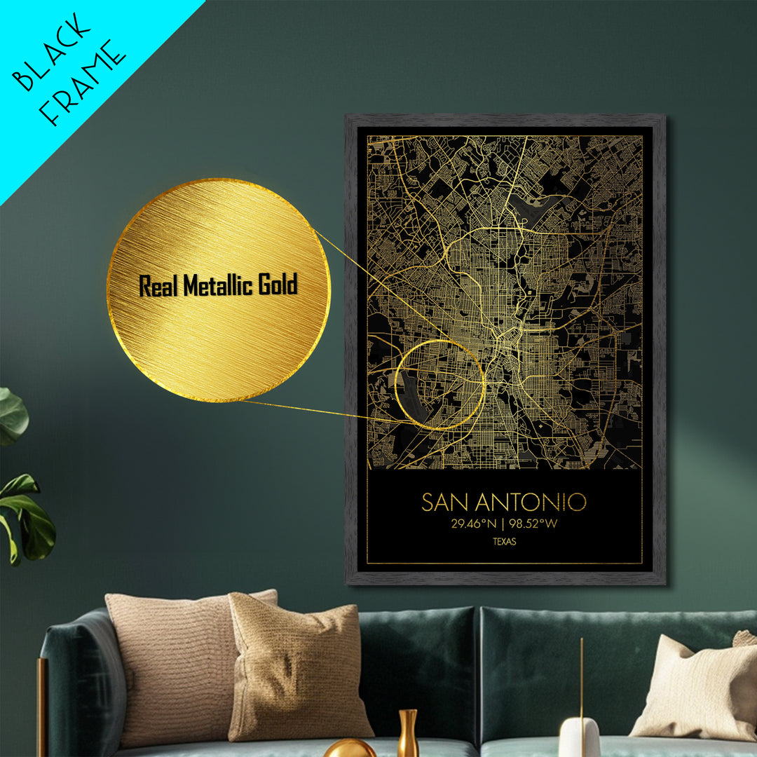 San Antonio Texas City street map, Metallic Gold Print, Metal Art, wood framed map, black and gold, Gold Street Map Art, Modern Wall Art