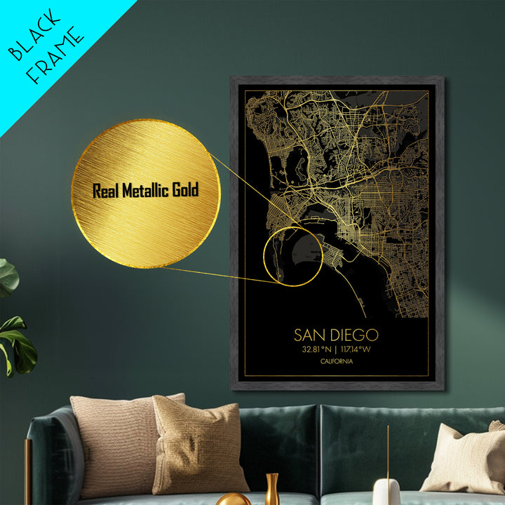San Diego California City street map, Metallic Gold Print, Metal Art, wood framed map, black and gold, Map Art, Housewarming Gift