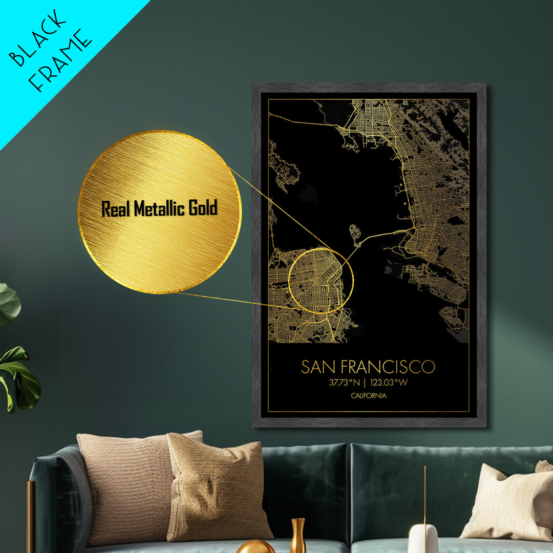 San Francisco California City Poster, Metallic Gold Art, Metal Art, real wood frames, black and gold, Gold Street Map Art, Best Friend Gifts