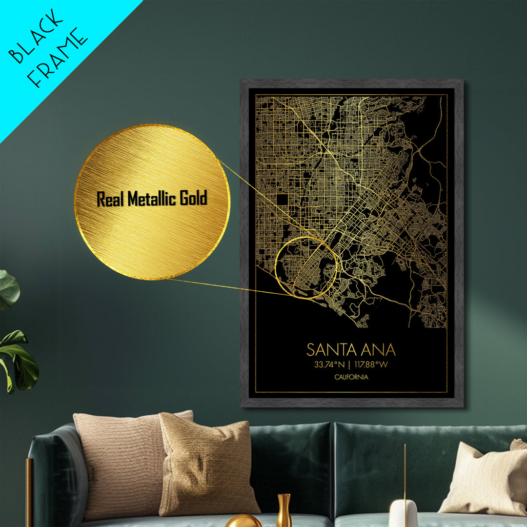 Santa Ana California City Poster, Metallic Gold Art, Metal Art, real wood frames, black and gold, Street Map Art, Modern House Art