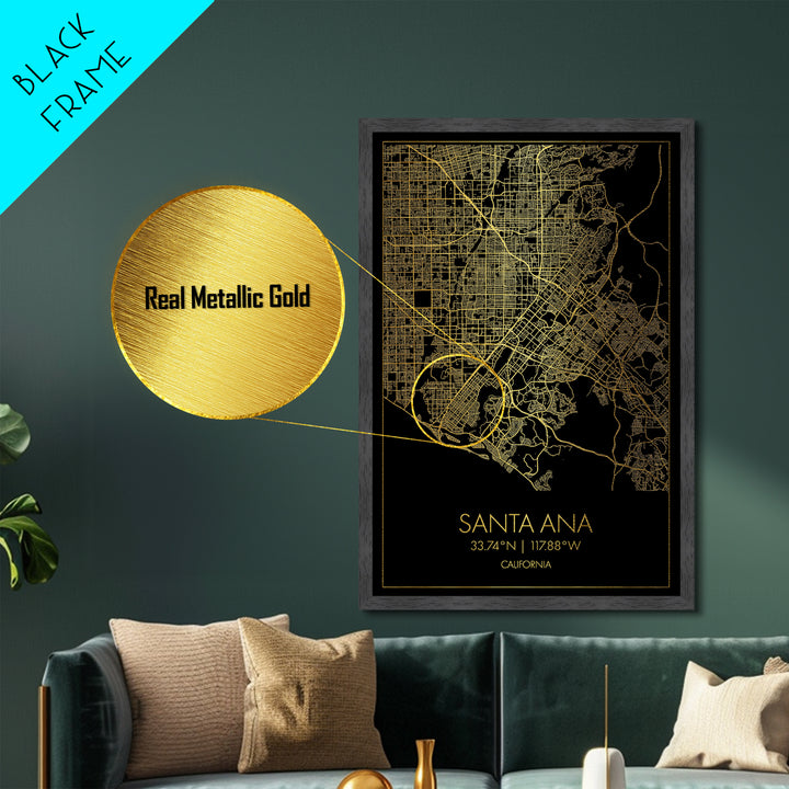 Santa Ana California City Poster, Metallic Gold Art, Metal Art, real wood frames, black and gold, Street Map Art, Modern House Art