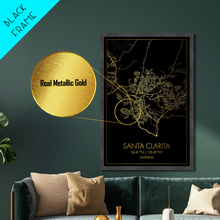 Santa Clarita California City street map, Metallic Gold Print, Metal Art, wood framed map, black and gold, Office Decor, Closing Gift