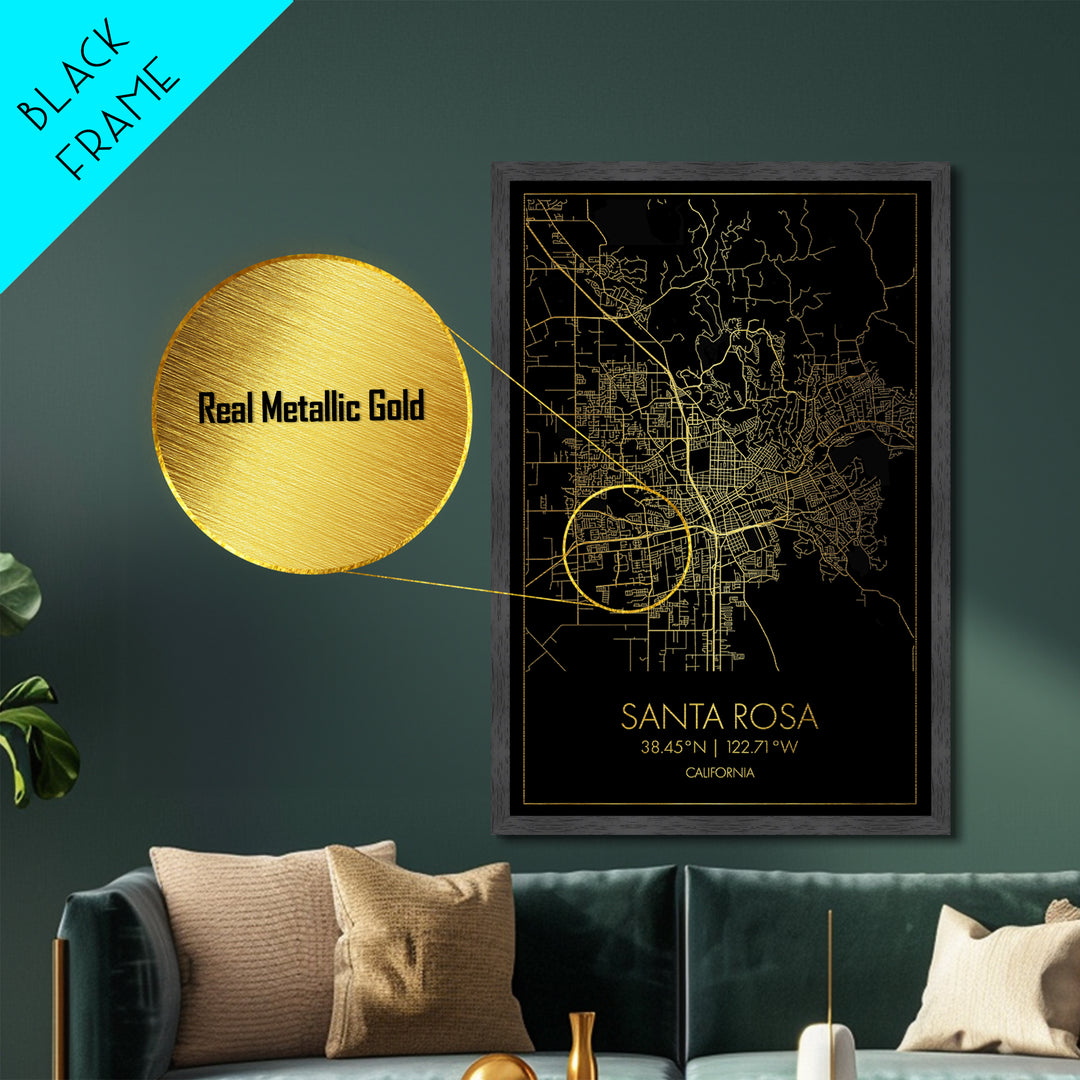 Santa Rosa California City Poster, Metallic Gold Art, Metal Art, real wood frames, black and gold, Map Art, Housewarming Gift