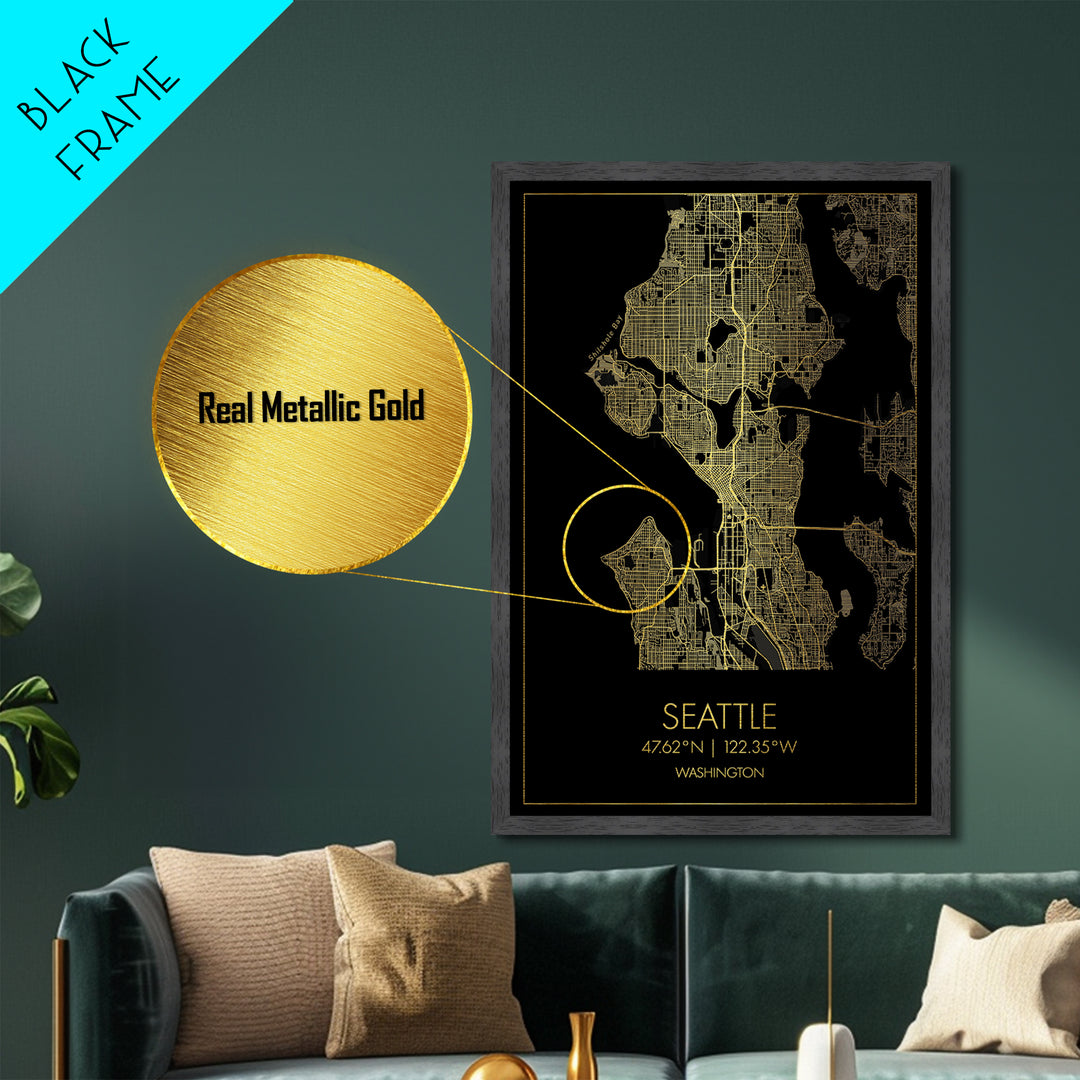 Seattle Washington City Poster, Metallic Gold Art, Metal Art, real wood frames, black and gold, Minimalist Wall Art, Map Print Poster
