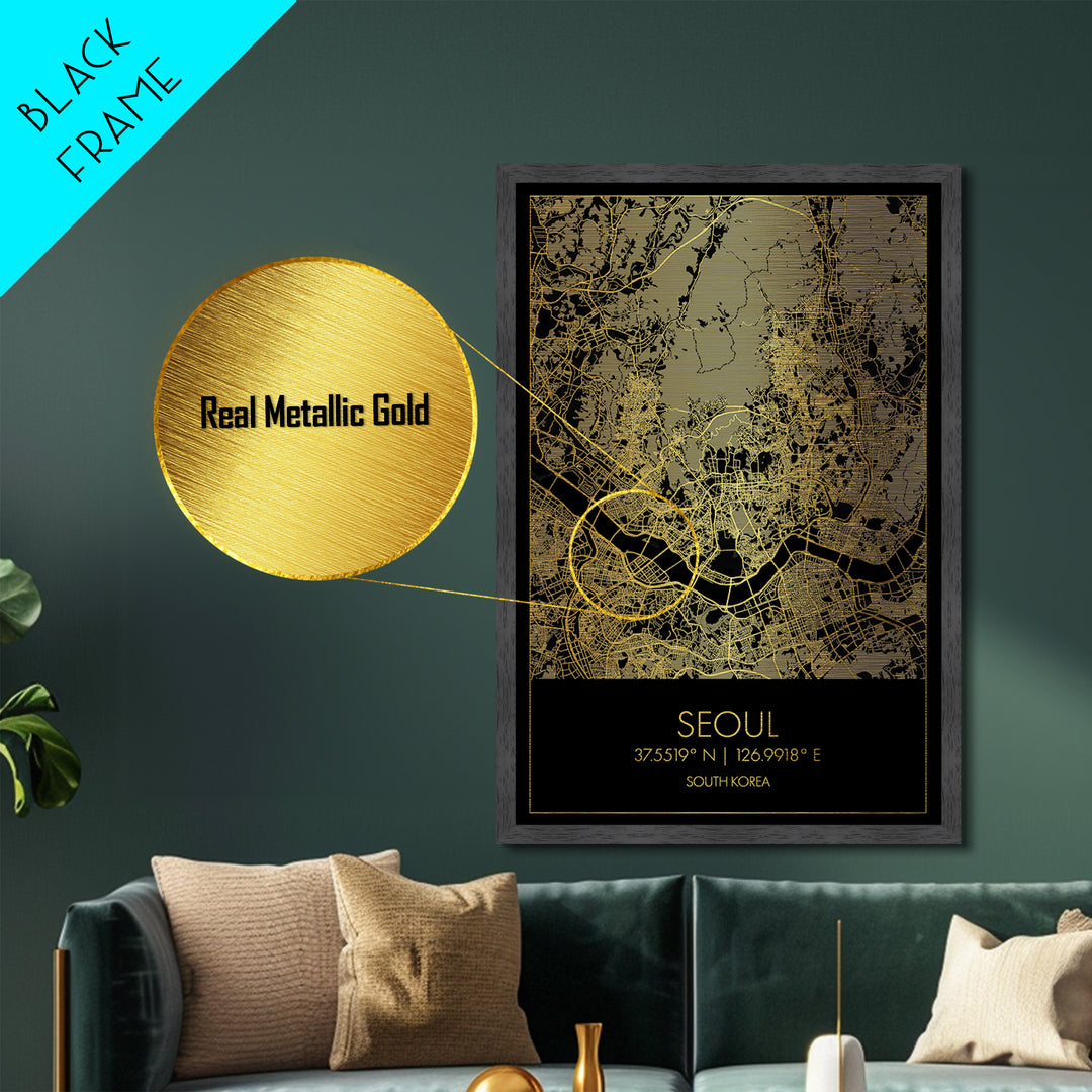 Seoul South Korea City street map, Metallic Gold Print, Metal Art, wood framed map, black and gold, Street Map Art, Office Decor