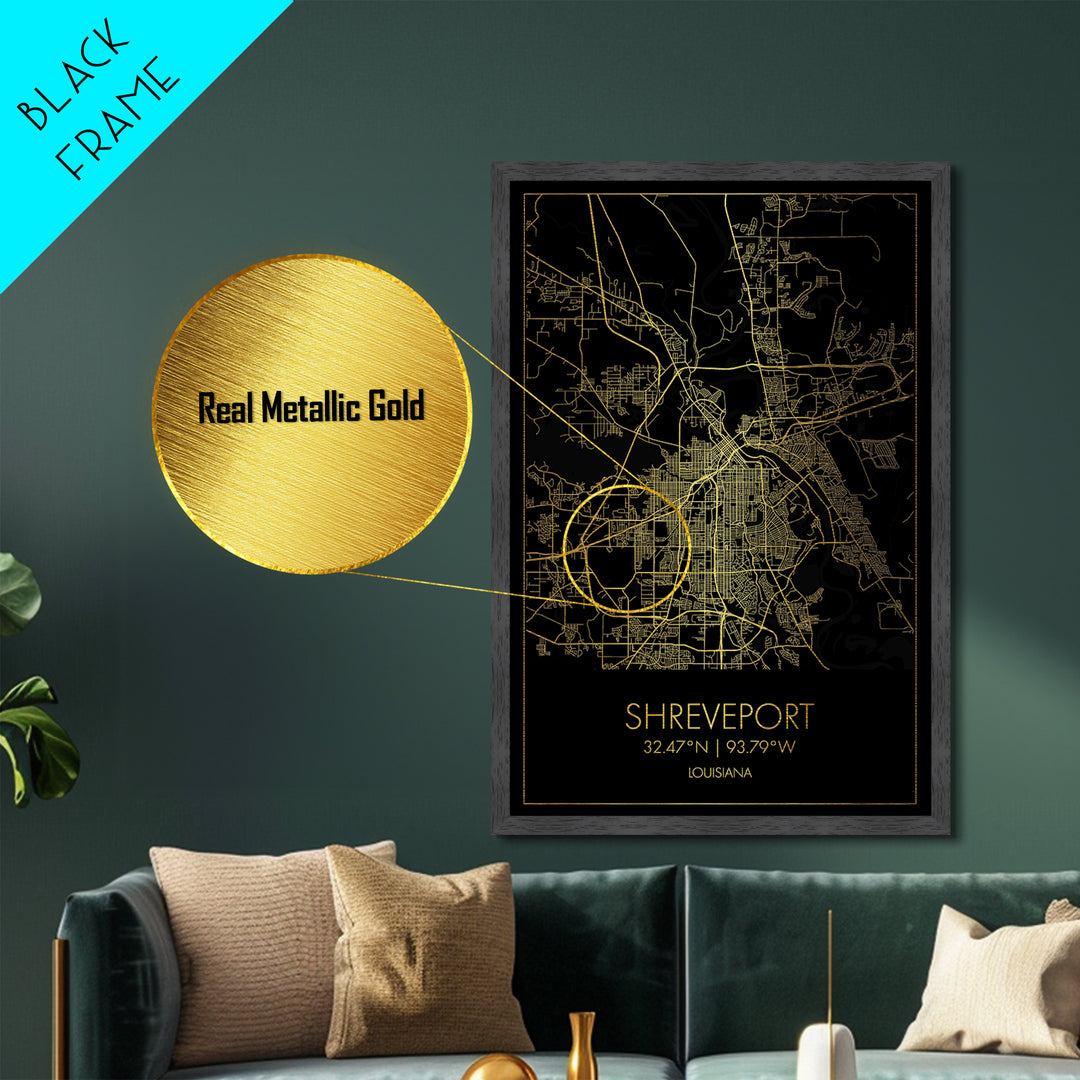 Shreveport Louisiana City Poster, Metallic Gold Art, Metal Art, real wood frames, black and gold, Map Art, Best Friend Gifts