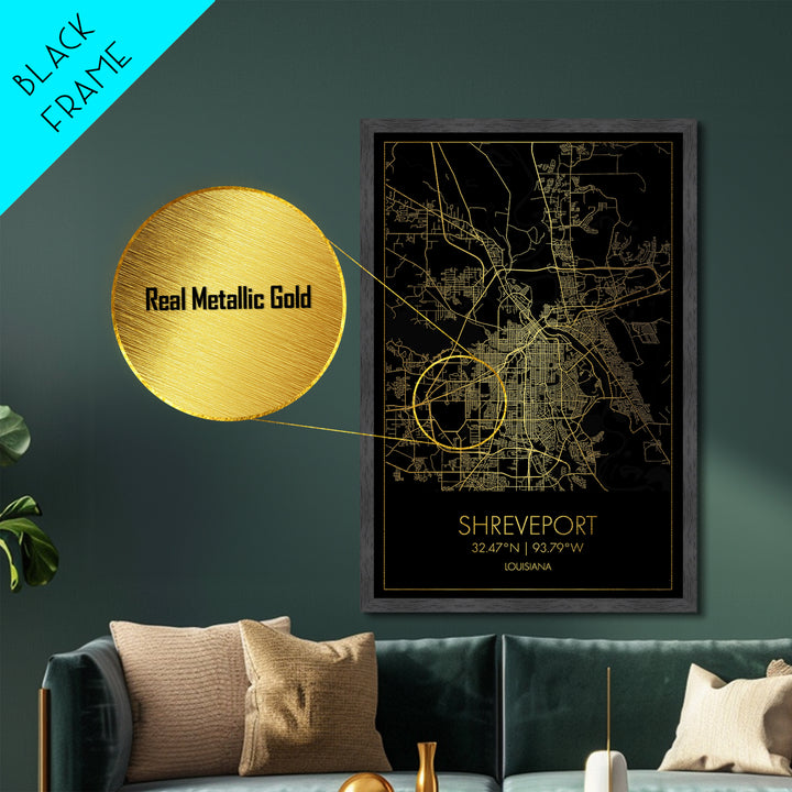 Shreveport Louisiana City Poster, Metallic Gold Art, Metal Art, real wood frames, black and gold, Map Art, Best Friend Gifts