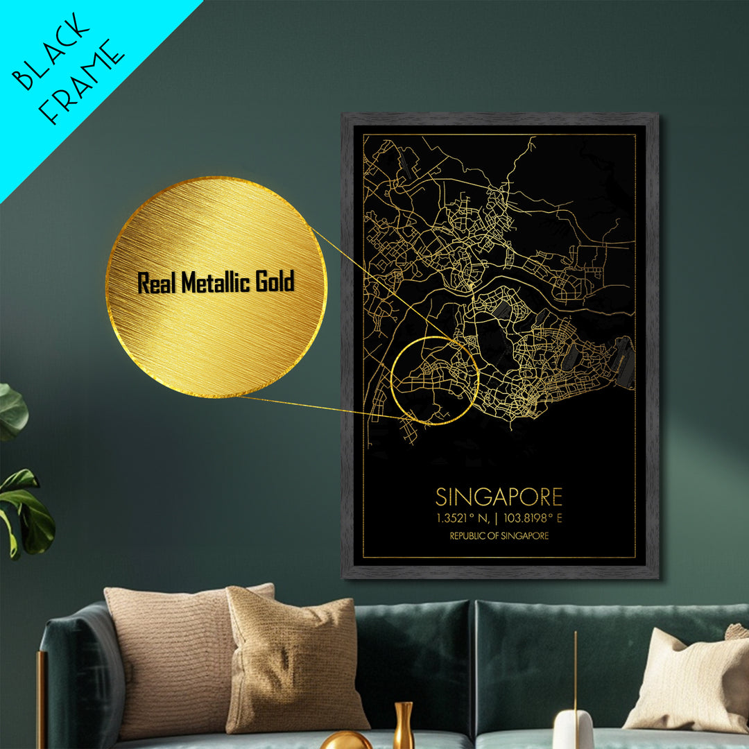 Singapore Singapore City street map, Metallic Gold Print, Metal Art, wood framed map, black and gold, Gold Street Map Art, Modern Wall Art