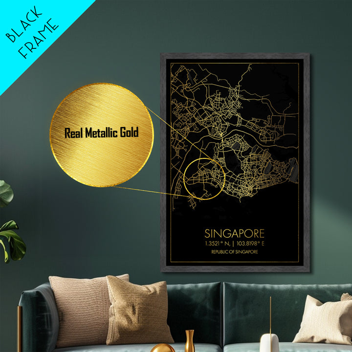 Singapore Singapore City street map, Metallic Gold Print, Metal Art, wood framed map, black and gold, Gold Street Map Art, Modern Wall Art