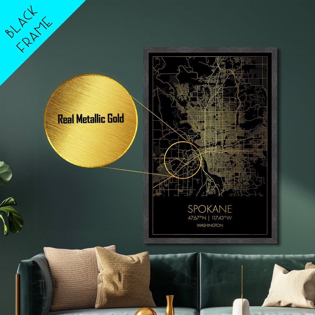 Spokane Washington City Poster, Metallic Gold Art, Metal Art, real wood frames, black and gold, Gold Street Map Art, Best Friend Gifts