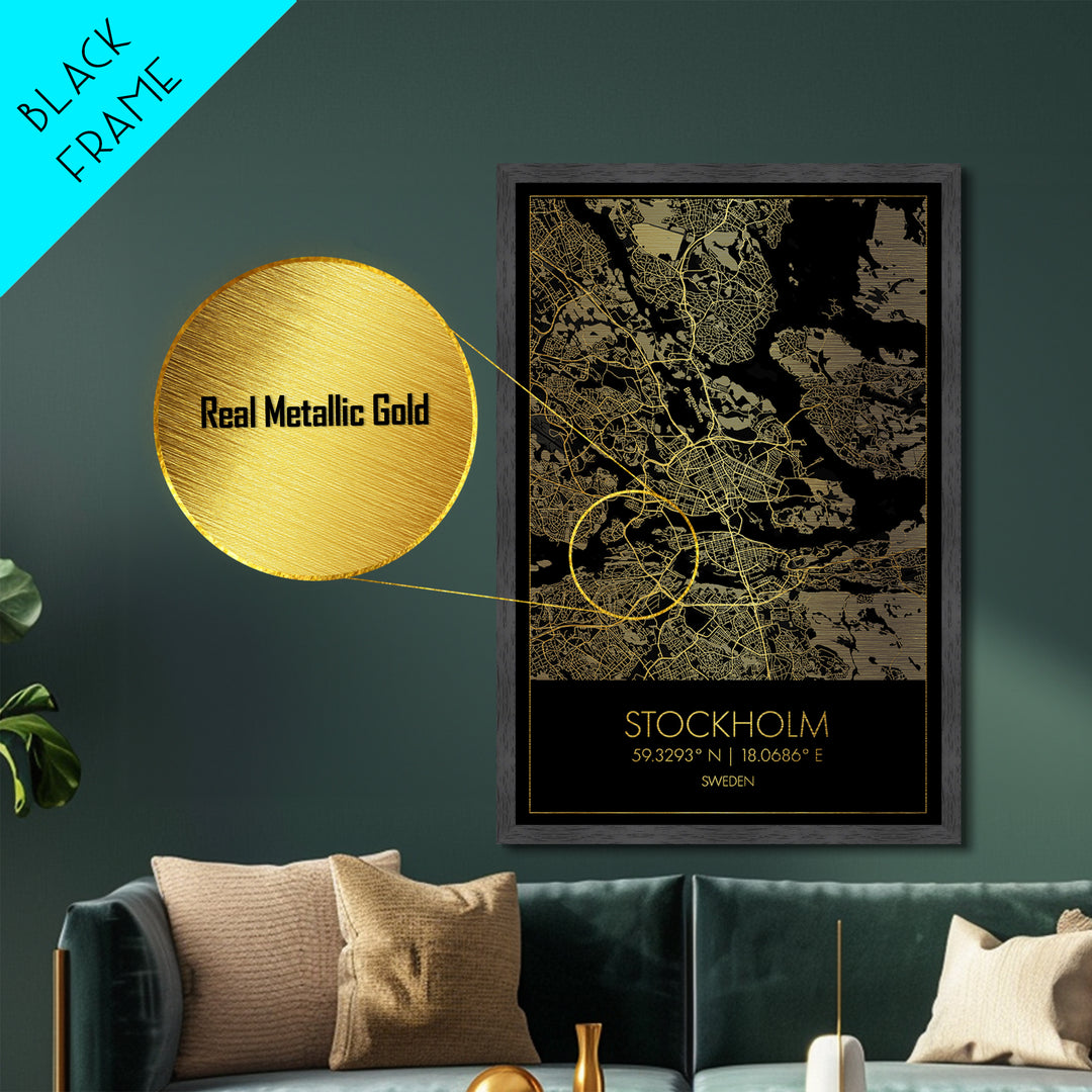 Stockholm Sweden City street map, Metallic Gold Print, Metal Art, wood framed map, black and gold, Gold Street Map Art, Modern Wall Art