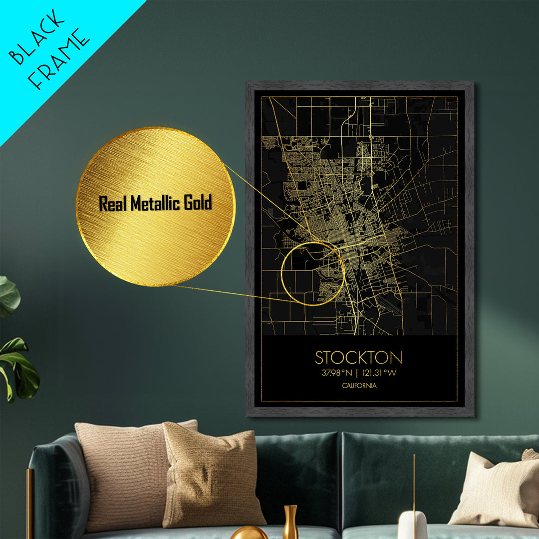 Stockton California City Poster, Metallic Gold Art, Metal Art, real wood frames, black and gold, Minimalist Wall Art, Map Print Poster