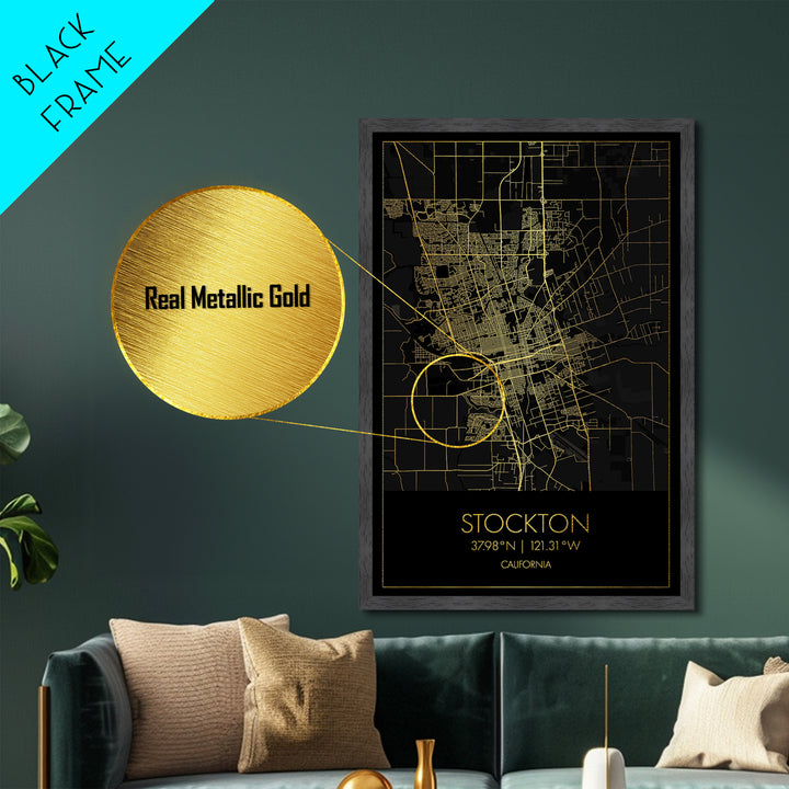 Stockton California City Poster, Metallic Gold Art, Metal Art, real wood frames, black and gold, Minimalist Wall Art, Map Print Poster
