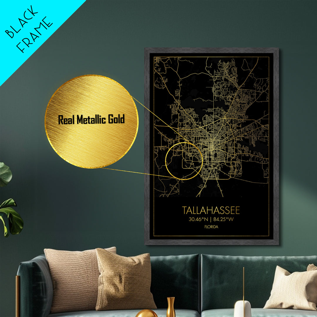 Tallahassee Florida City street map, Metallic Gold Print, Metal Art, wood framed map, black and gold, Gold Street Map Art, Modern Wall Art