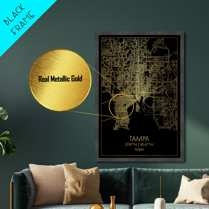 Tampa Florida City Poster, Metallic Gold Art, Metal Art, real wood frames, black and gold, Street Map Wall Art, Closing Gift