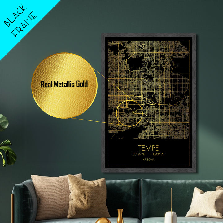 Tempe Arizona City street map, Metallic Gold Print, Metal Art, wood framed map, black and gold, Map Art, Housewarming Gift