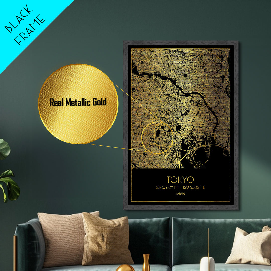 Tokyo Japan City Poster, Metallic Gold Art, Metal Art, real wood frames, black and gold, Gold Street Map Art, Modern Wall Art