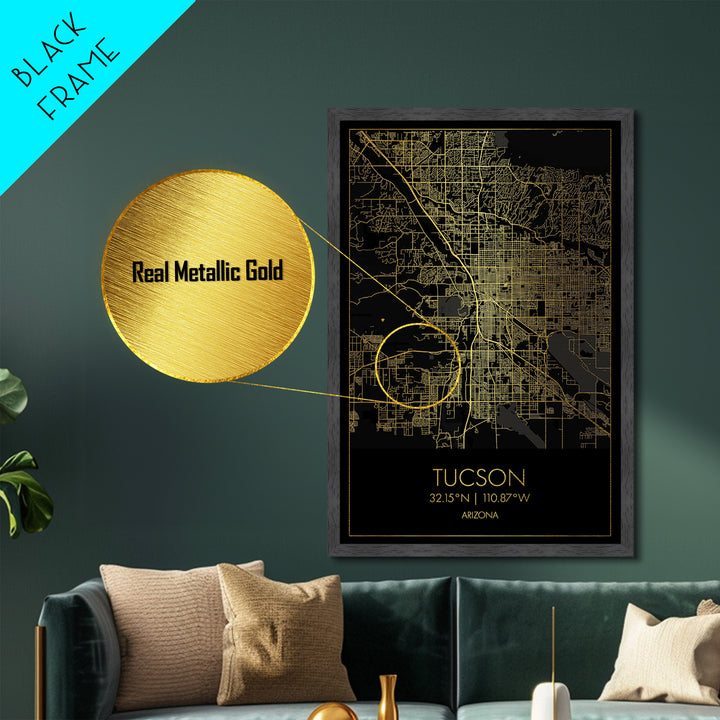 Tucson Arizona City street map, Metallic Gold Print, Metal Art, wood framed map, black and gold, Map Art, Office Decor