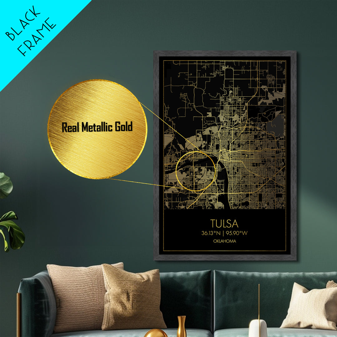 Tulsa Oklahoma City Poster, Metallic Gold Art, Metal Art, real wood frames, black and gold, Map Art, Best Friend Gifts