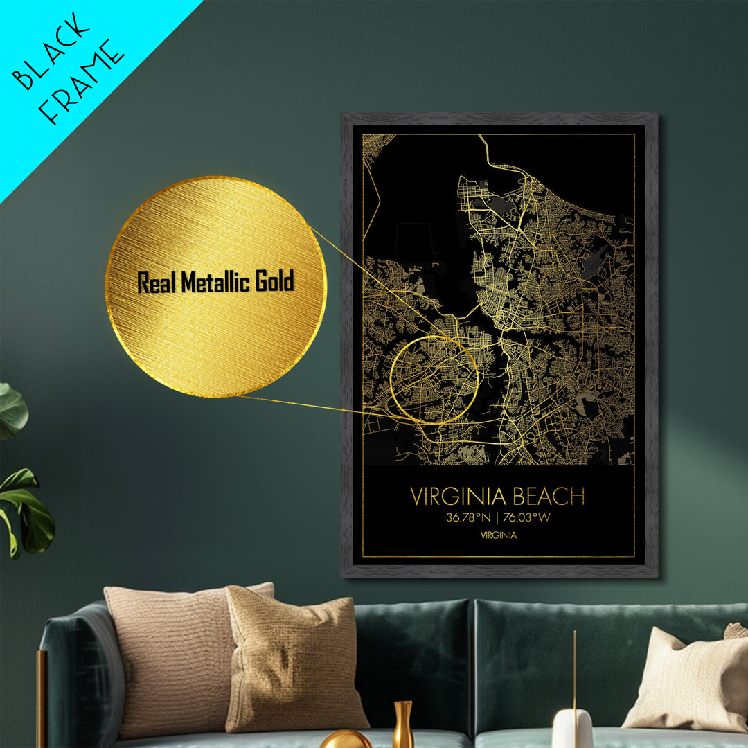 Virginia Beach Virginia City Poster, Metallic Gold Art, Metal Art, real wood frames, black and gold, Minimalist Wall Art, Map Print Poster