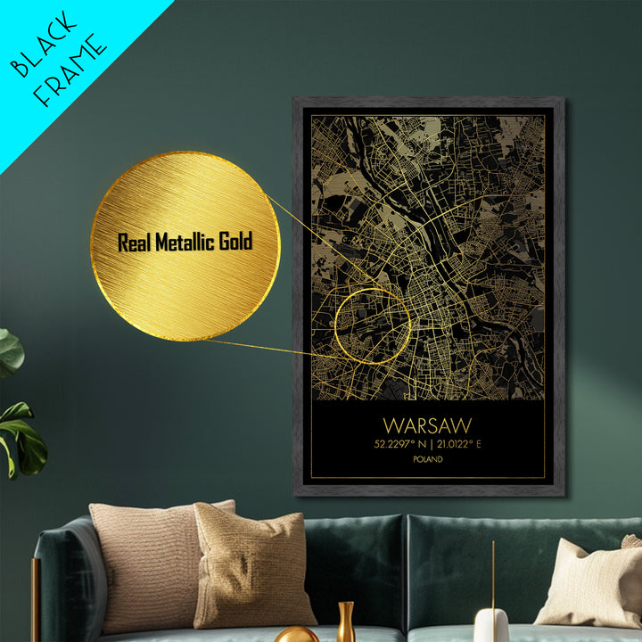 Warsaw Poland City street map, Metallic Gold Print, Metal Art, wood framed map, black and gold, Street Map Art, Office Decor