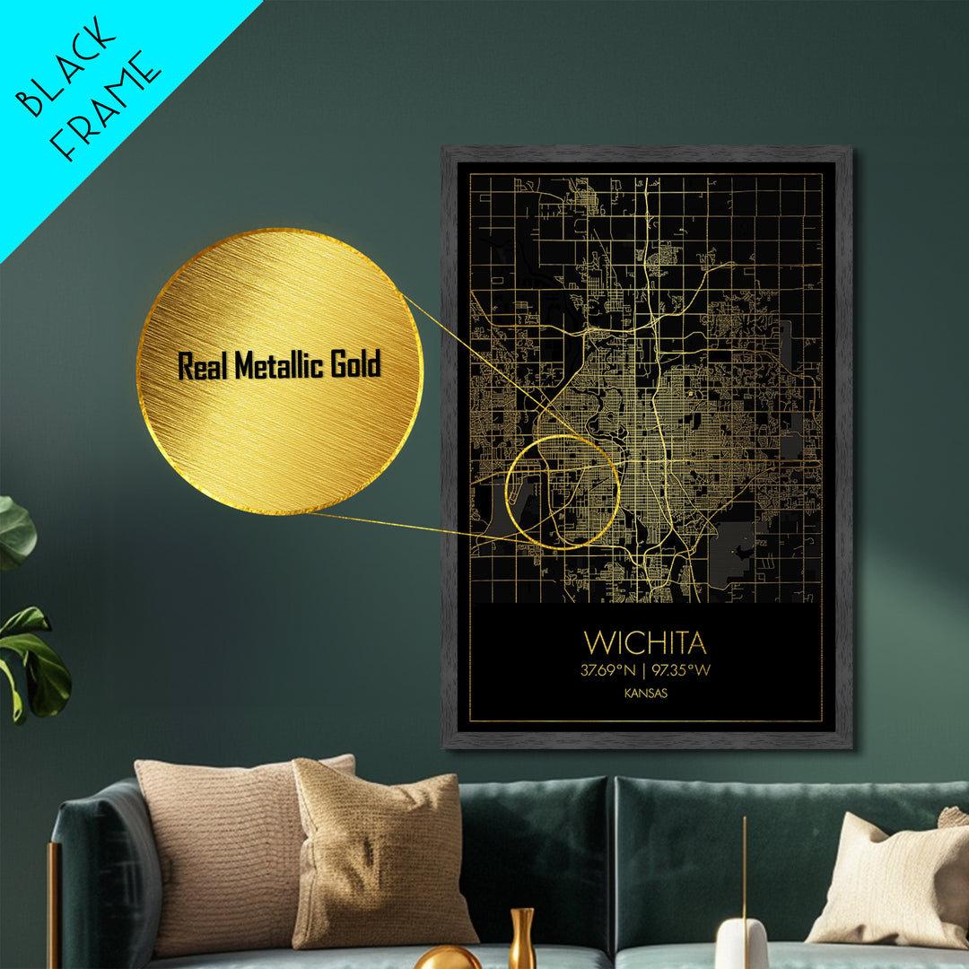 Wichita Kansas City street map, Metallic Gold Print, Metal Art, wood framed map, black and gold, Gold Street Map Art, Modern Wall Art