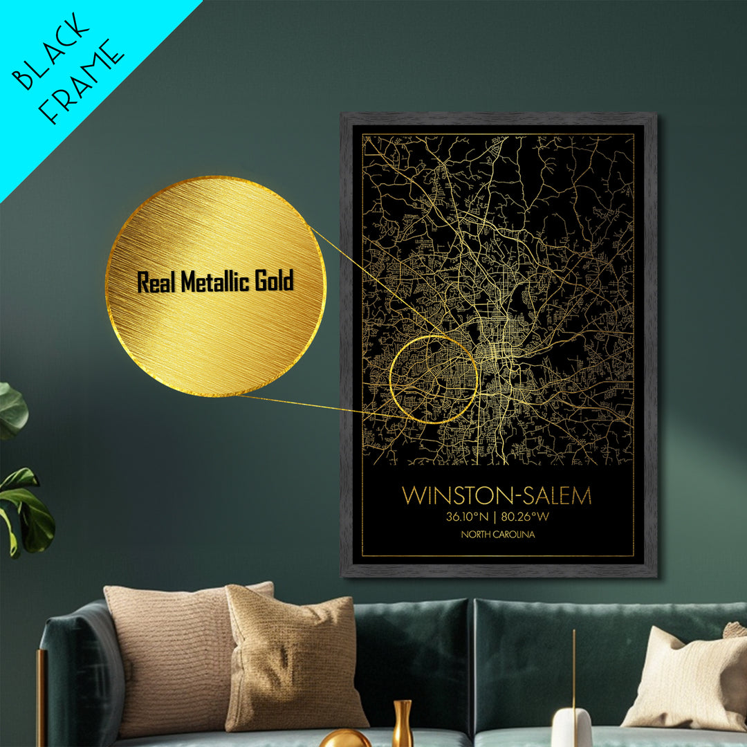 Winston-Salem North Carolina City Poster, Metallic Gold Art, Metal Art, real wood frames, black and gold, Street Map Wall Art, Closing Gift