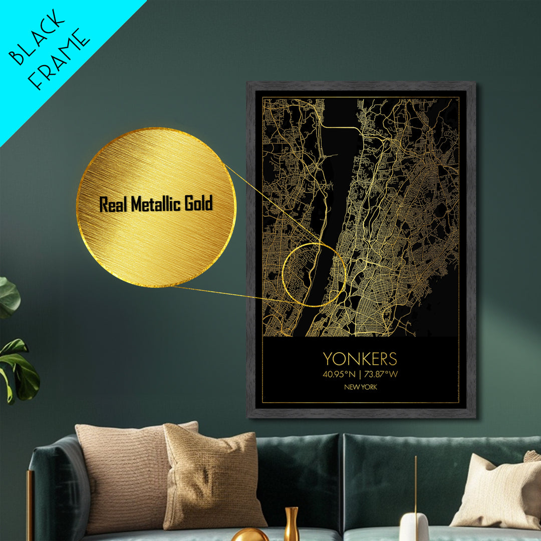Yonkers New York City Poster, Metallic Gold Art, Metal Art, real wood frames, black and gold, Gold Street Map Art, Best Friend Gifts