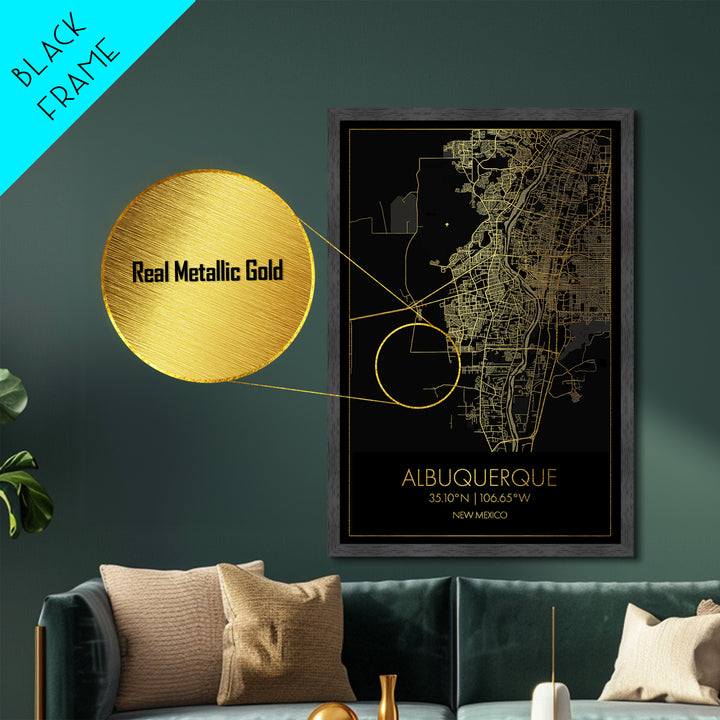 Albuquerque New Mexico City street map, Metallic Gold Print, Metal Art, wood framed map, black and gold, Map Art, Office Decor
