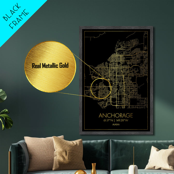 Anchorage Alaska City Poster, Metallic Gold Art, Metal Art, real wood frames, black and gold, Minimalist Wall Art, Map Print Poster