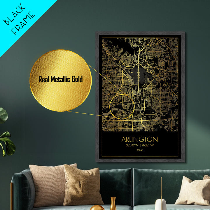 Arlington Texas City Poster, Metallic Gold Art, Metal Art, real wood frames, black and gold, Map Art, Best Friend Gifts