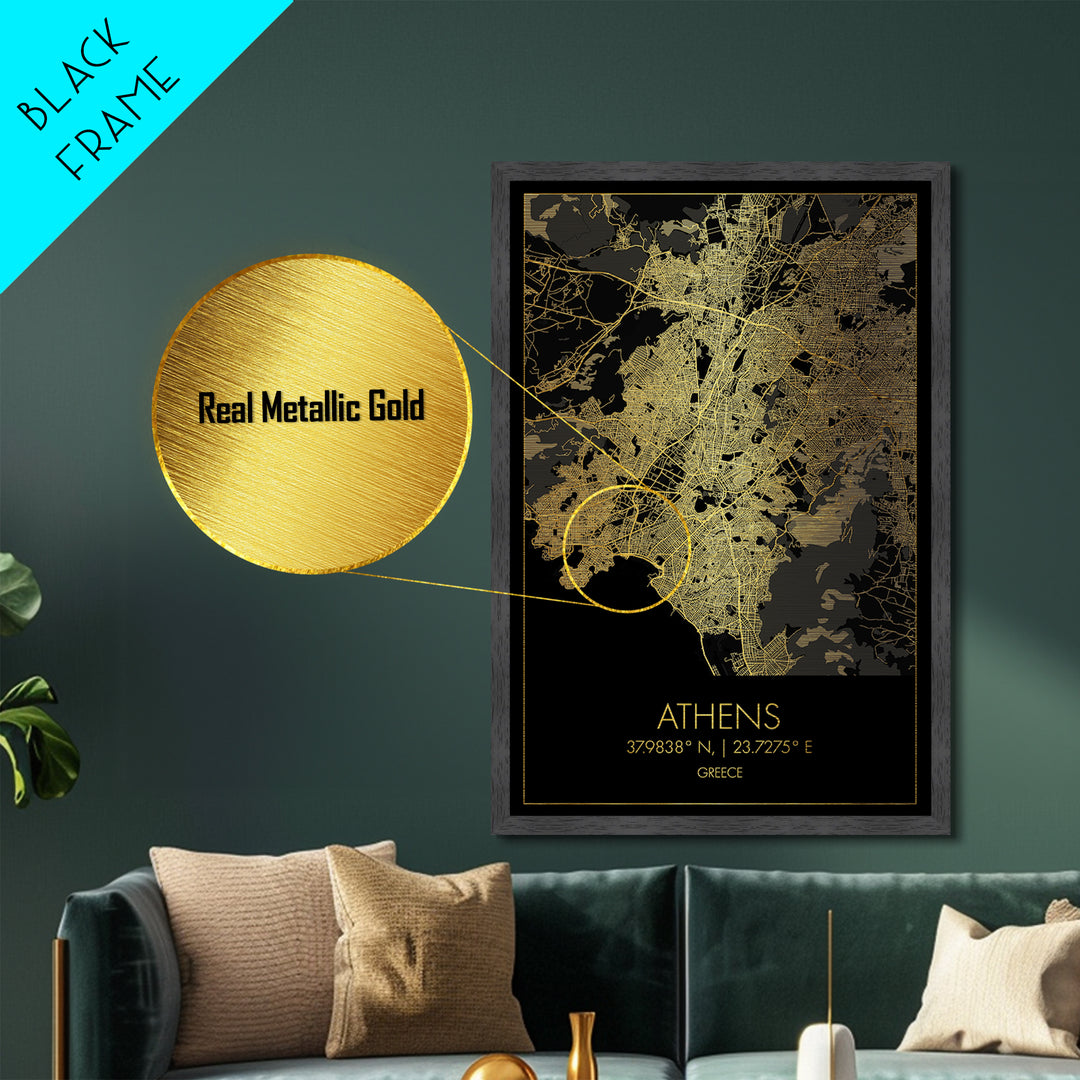 Athens Greece City street map, Metallic Gold Print, Metal Art, wood framed map, black and gold, Gold Street Map Art, Modern Wall Art